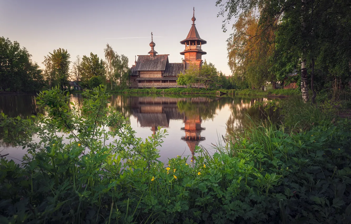 Photo wallpaper summer, grass, trees, landscape, nature, pond, reflection, Church