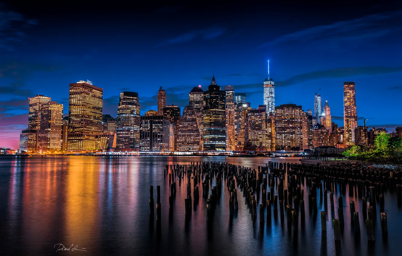 Photo wallpaper the city, lights, river, building, New York, skyscrapers, the evening, support