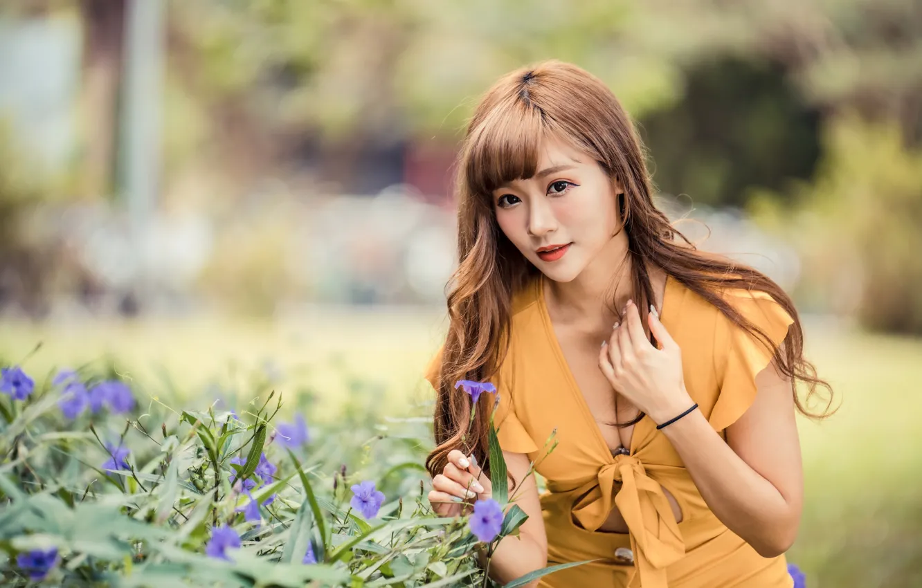 Photo wallpaper flowers, dress, brown hair, Asian, bokeh