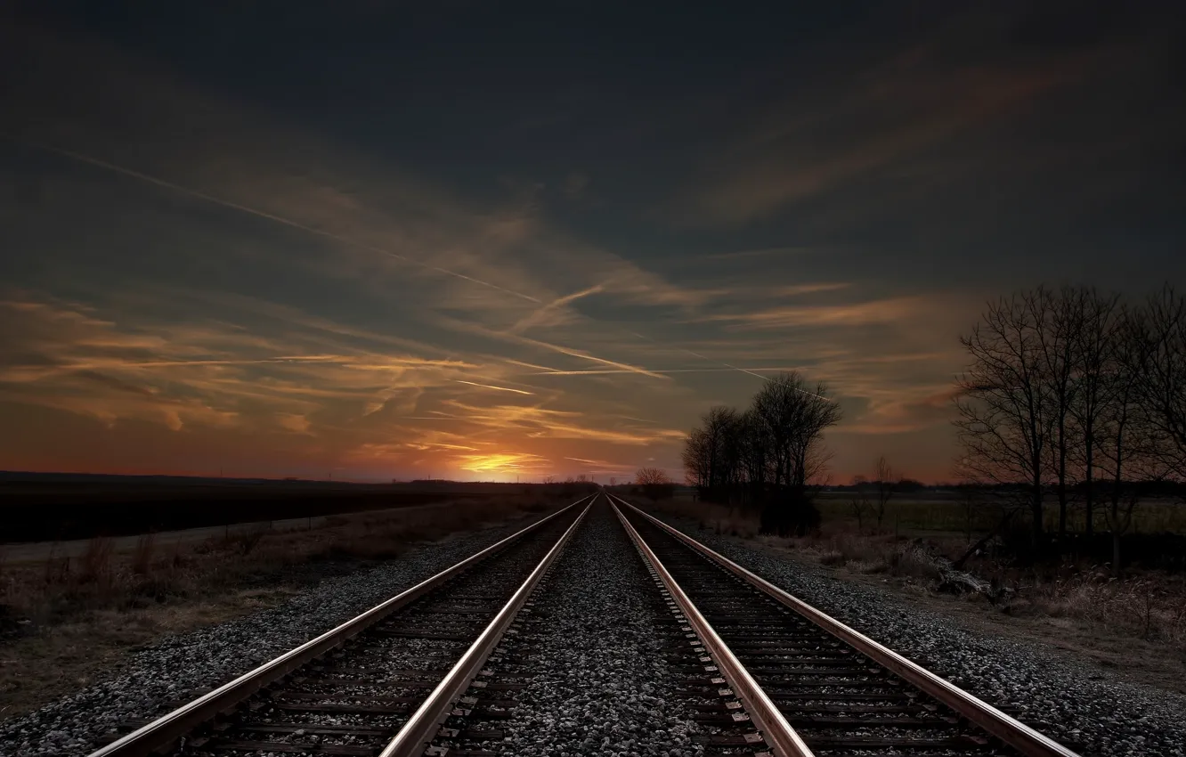Photo wallpaper field, the sky, clouds, trees, sunset, rails, the evening, Railroad