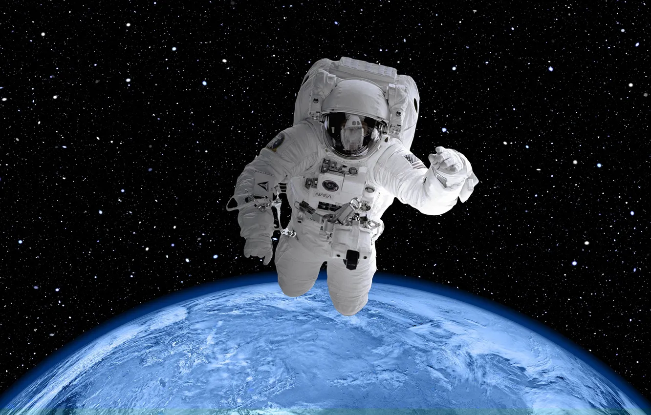 Photo wallpaper space, stars, earth, planet, the suit, orbit, NASA, weightlessness