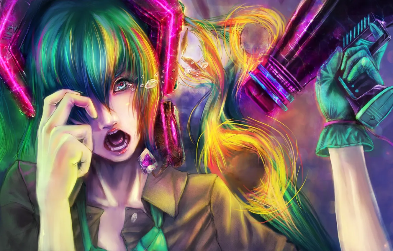 Photo wallpaper look, bright colors, girl, tears, vocaloid, hatsune miku, Vocaloid, Creek