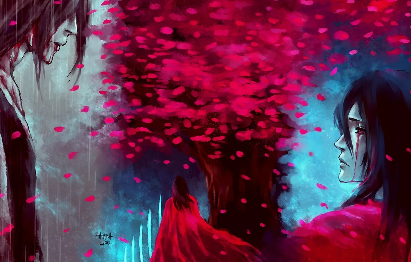 Photo wallpaper trees, rain, back, Sakura, art, guy, Bleach, Kuchiki Byakuya