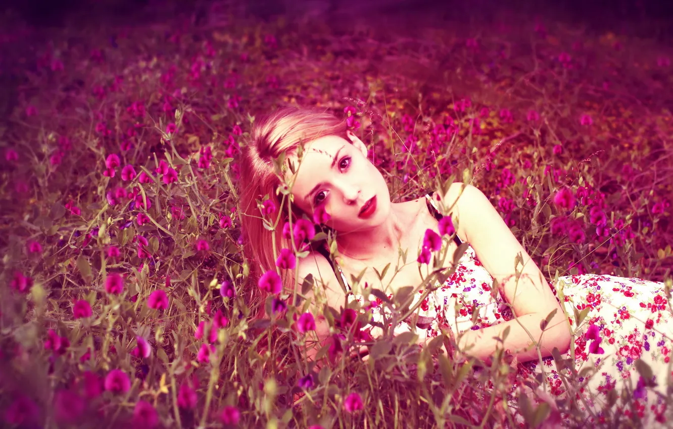 Photo wallpaper girl, flowers, background