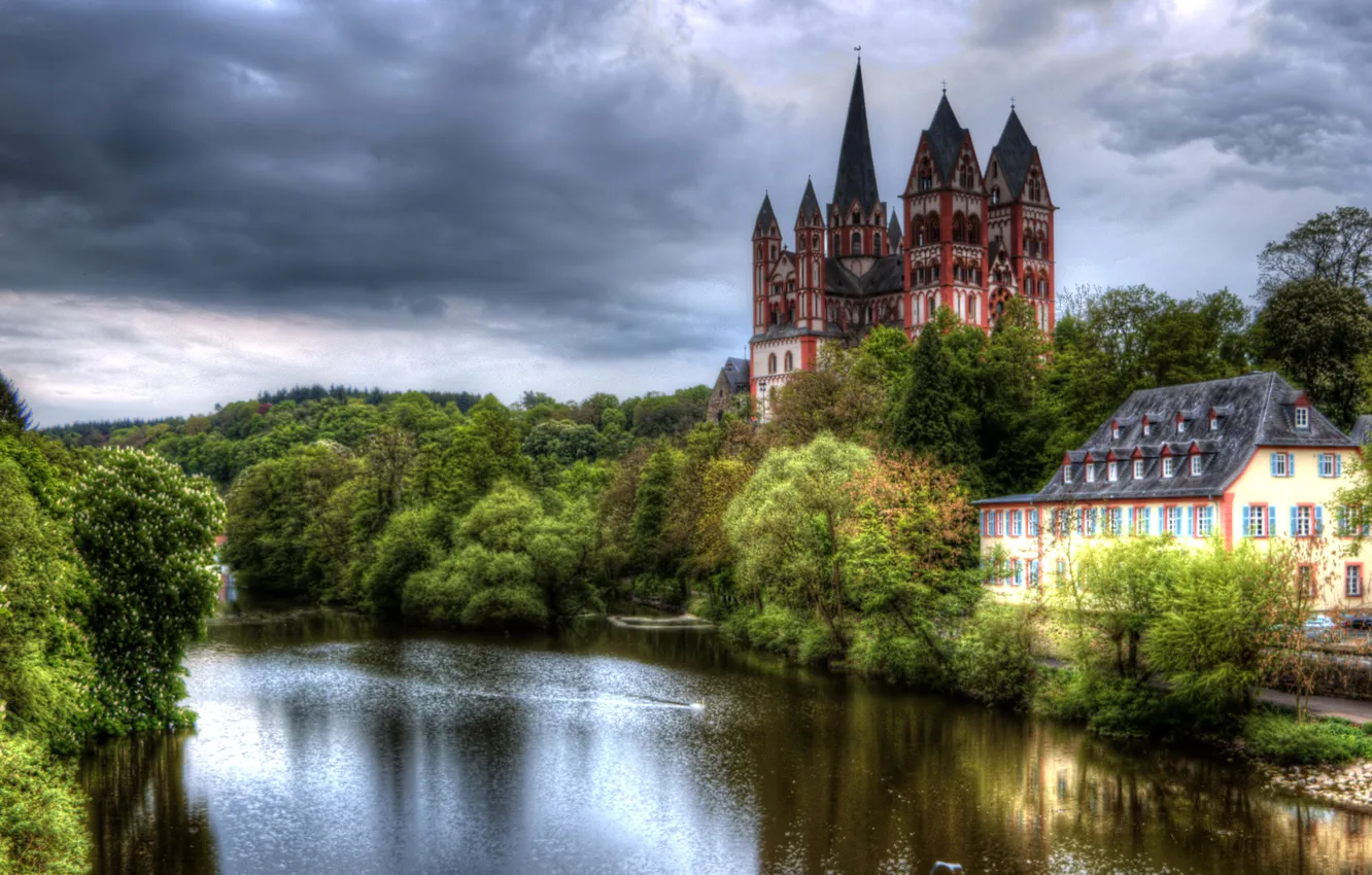 Photo wallpaper the sky, trees, clouds, river, castle, home, treatment, Germany