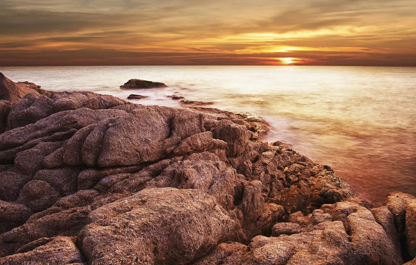 Photo wallpaper sea, the sky, the sun, clouds, landscape, sunset, bright, horizon