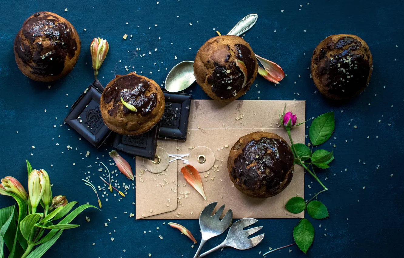 Photo wallpaper flowers, chocolate, cakes, buns