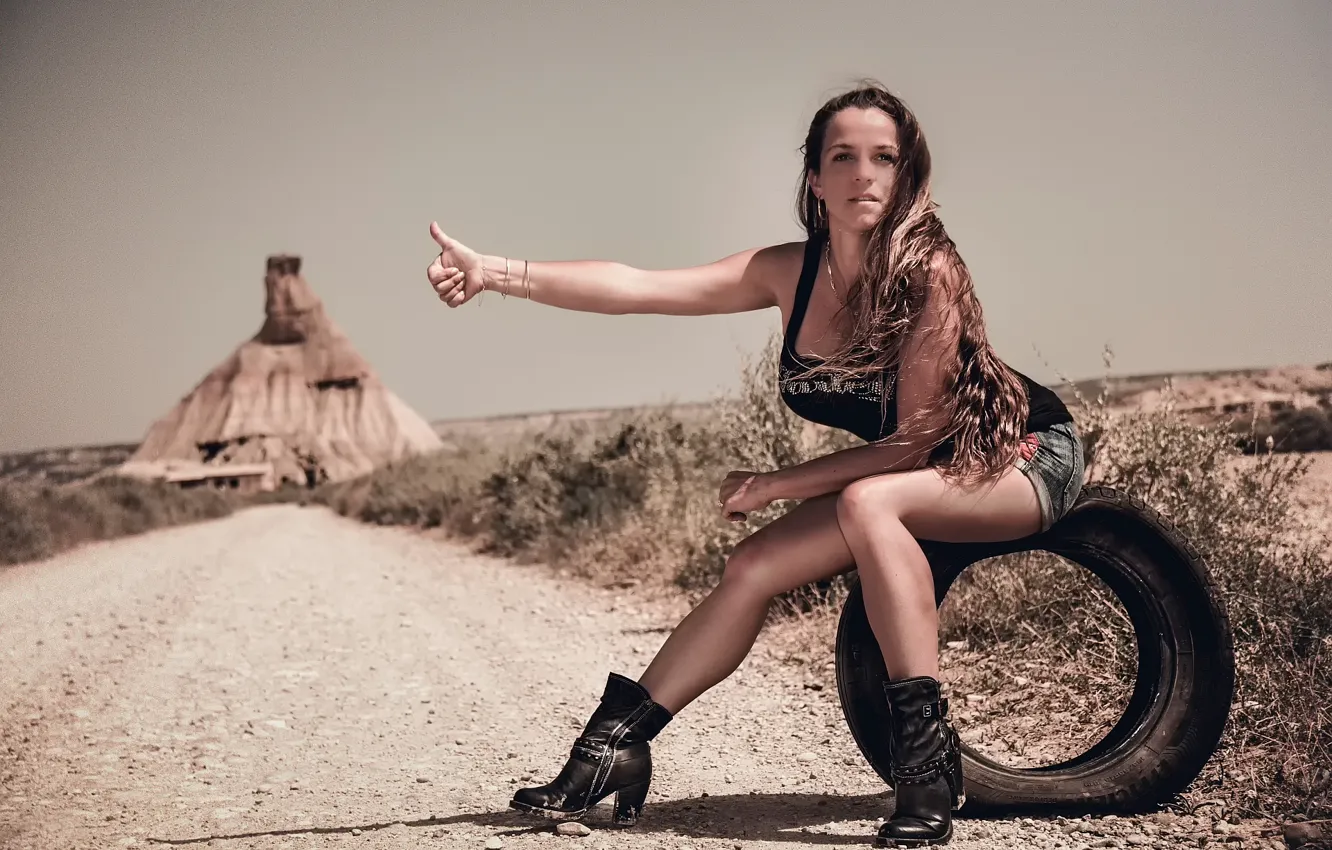 Photo wallpaper road, girl, tires, hitchhiking, Laurent KC