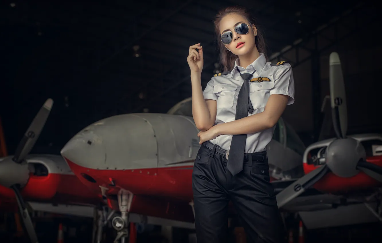 Photo wallpaper girl, glasses, hangar, form, the plane