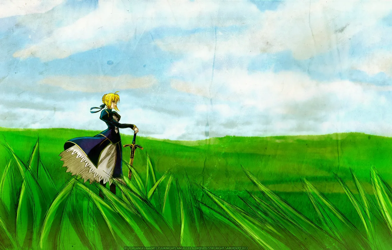 Photo wallpaper field, grass, girl, the wind, texture, the saber, Fate stay night, Fate / Stay Night