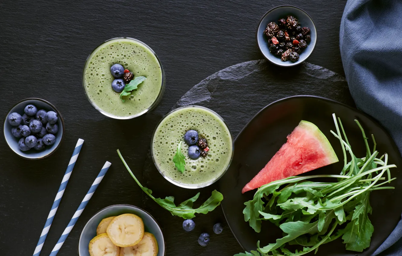 Photo wallpaper berries, watermelon, bananas, cocktail, smoothies, rocket, Anya Ivanova