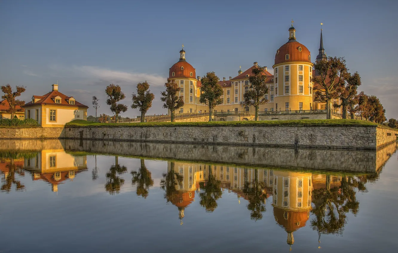 Photo wallpaper water, reflection, castle, Germany, Germany, Saxony, Moritzburg, Saxony