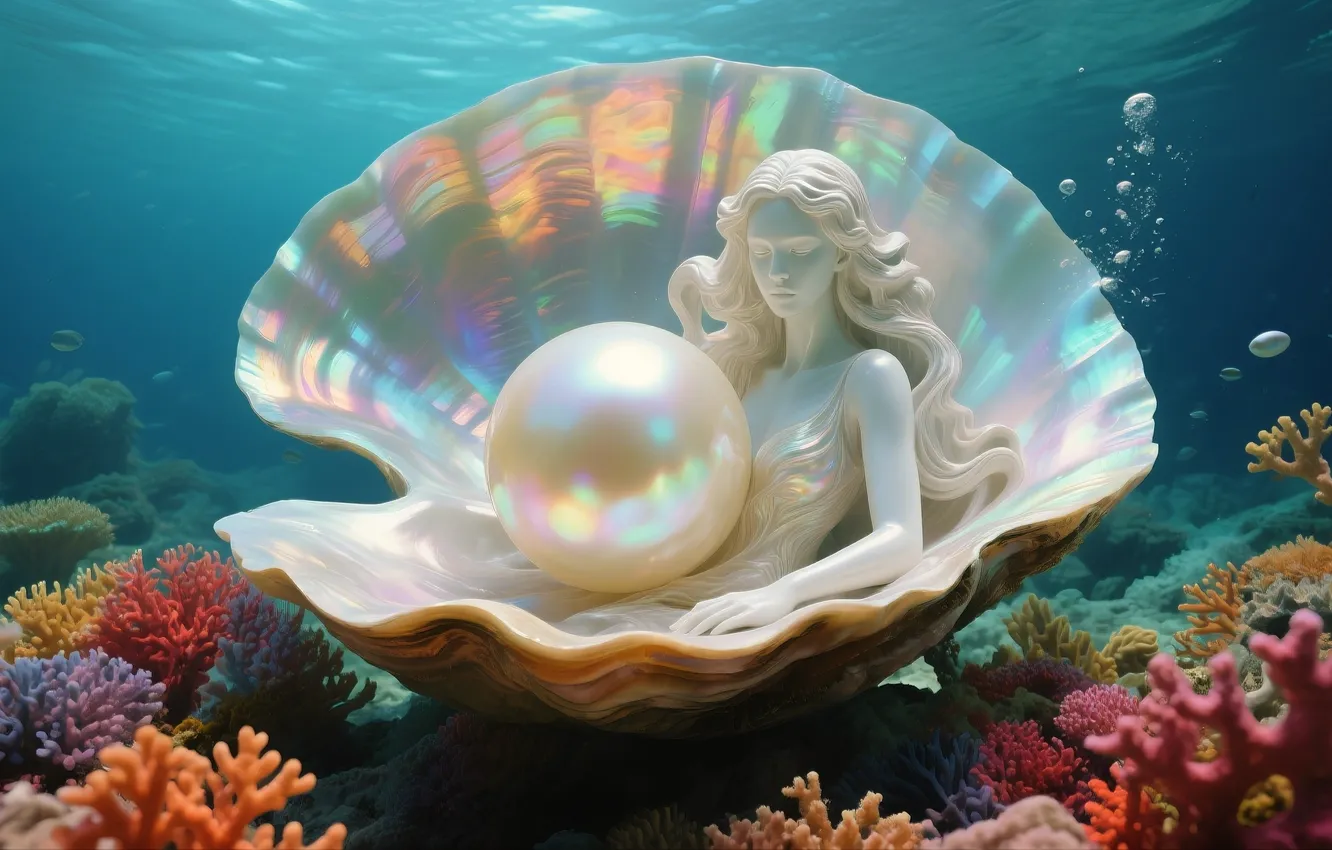 Photo wallpaper sink, corals, Venus, under water, the bottom of the sea, digital art, pearl, mother of …