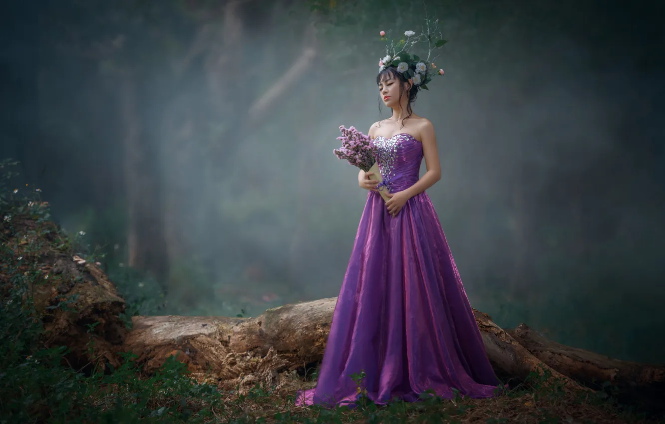 Photo wallpaper forest, girl, flowers, nature, pose, fog, style, glade