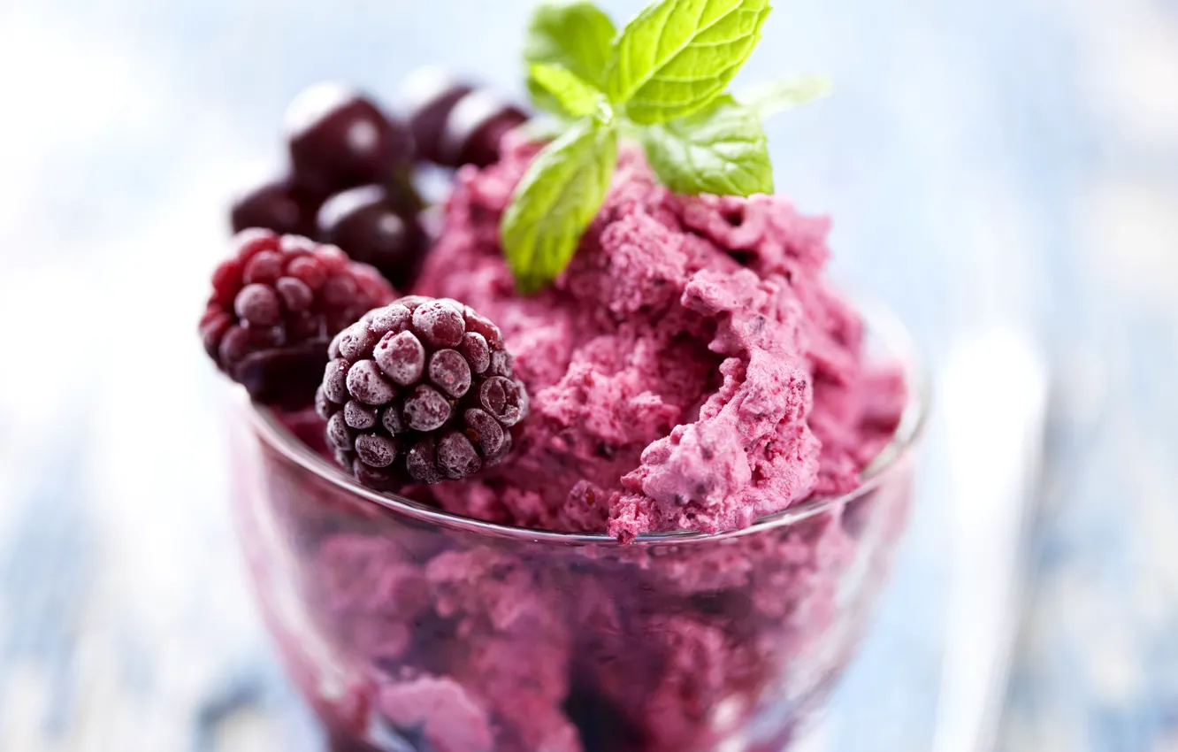 Photo wallpaper macro, raspberry, ice cream, mint, tutti-frutti, Raspberry