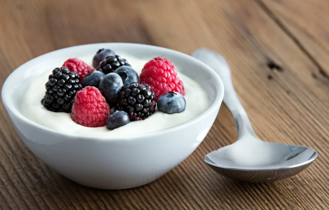 Photo wallpaper berries, raspberry, blueberries, spoon, dessert, BlackBerry, sweet, yogurt