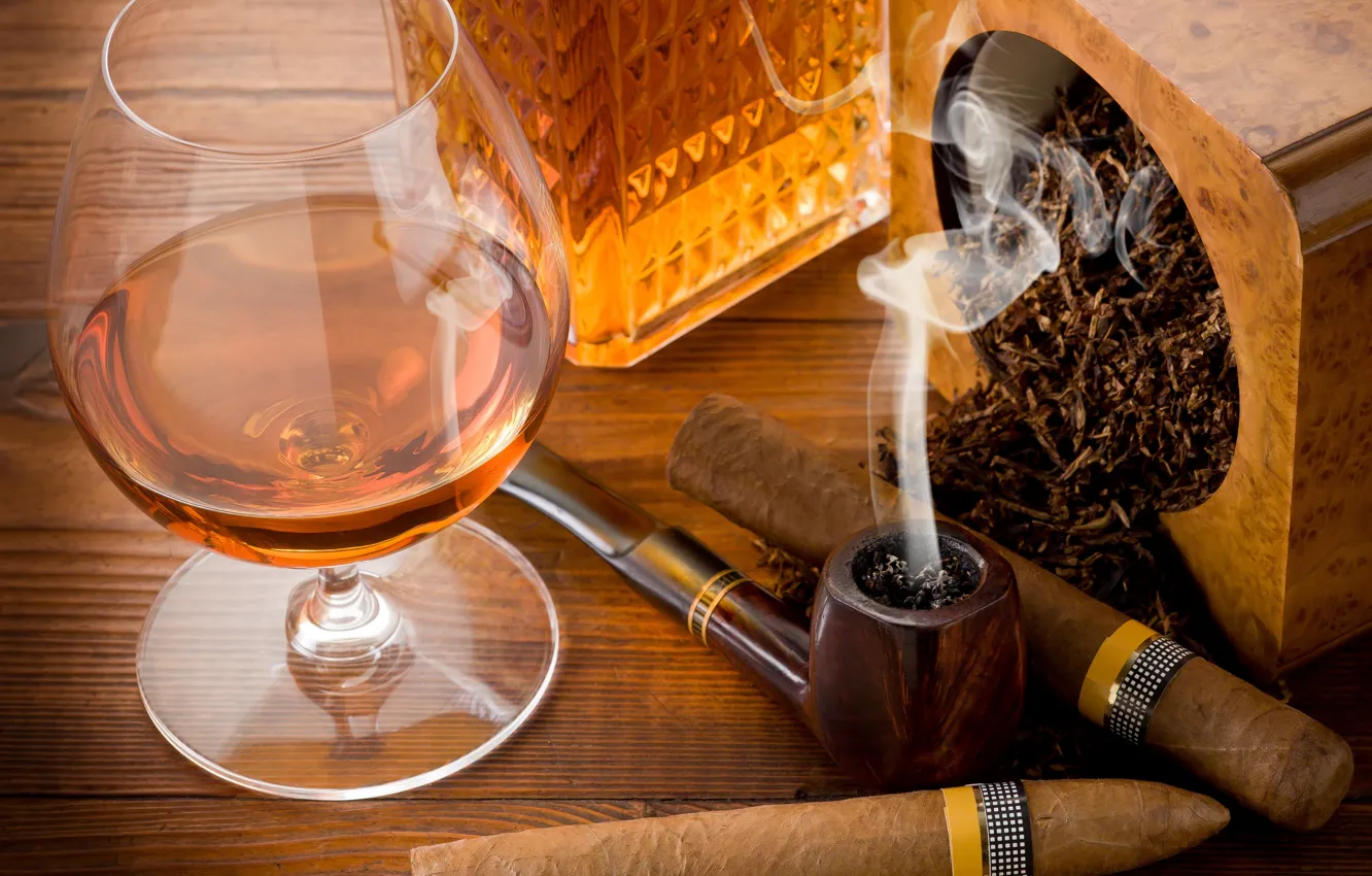 Photo wallpaper table, glass, tube, cigars, cognac, tobacco