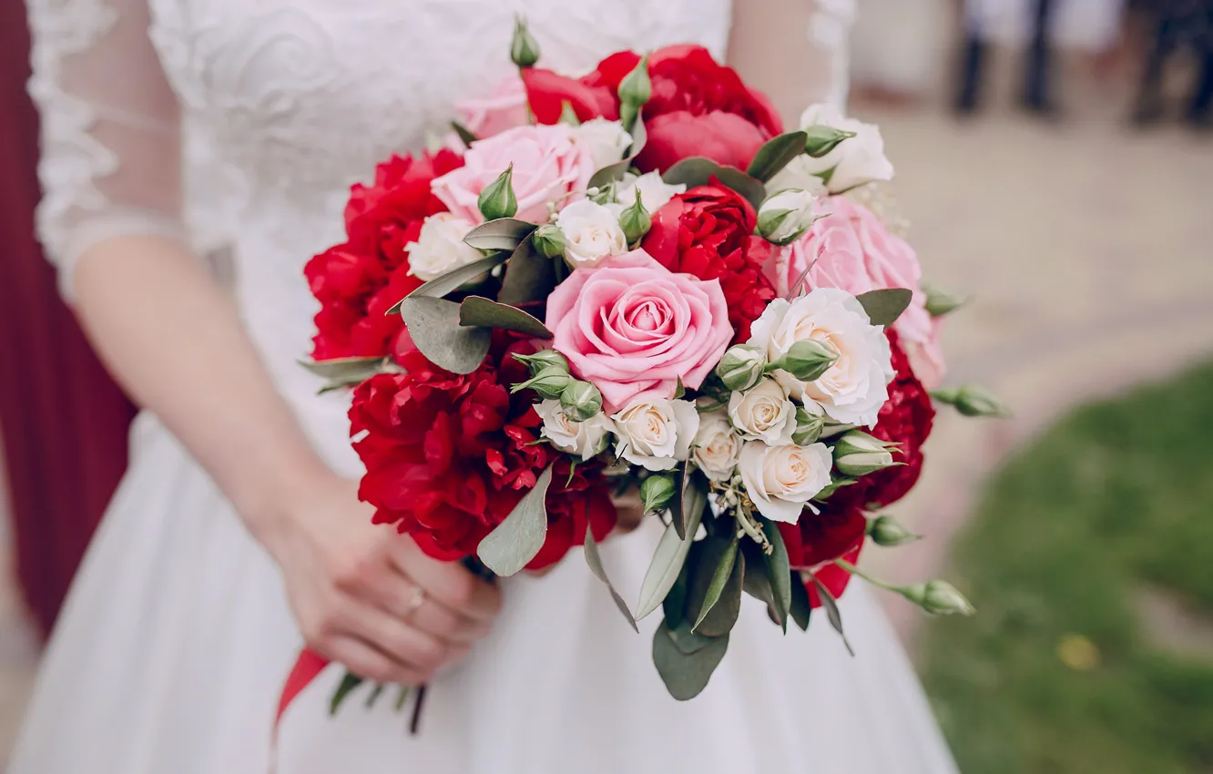 Photo wallpaper roses, bouquet, the bride, wedding, peonies, wedding