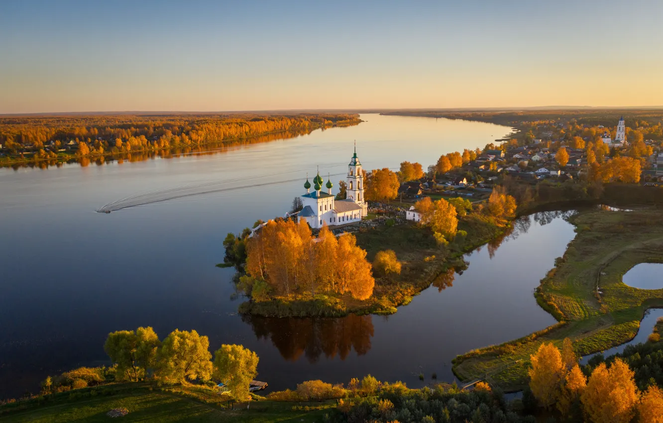 Photo wallpaper autumn, trees, river, village, temple, Russia, Yaroslavl oblast, Alex Roman