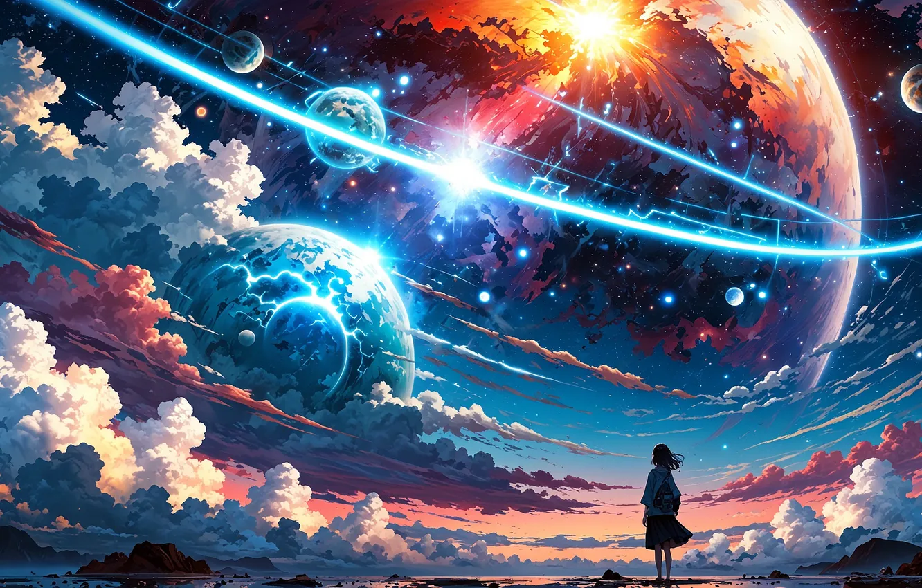 Photo wallpaper girl, space, clouds, planet, anime, Another world