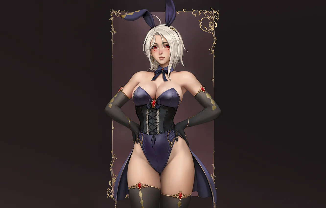 Photo wallpaper girl, sexy, cleavage, thighhighs, boobs, anime, beautiful, red eyes