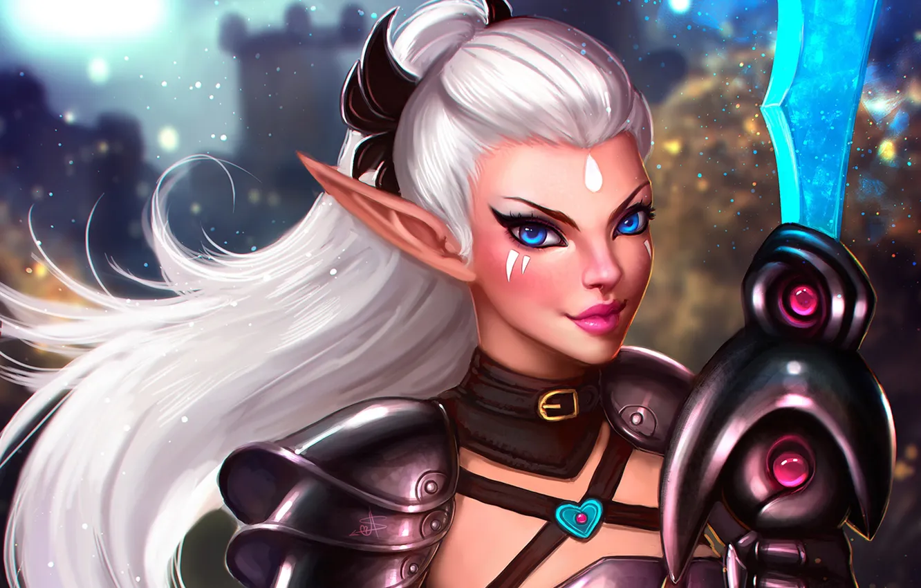 Photo wallpaper look, girl, elf, sword, fantasy, blue eyes, white watches