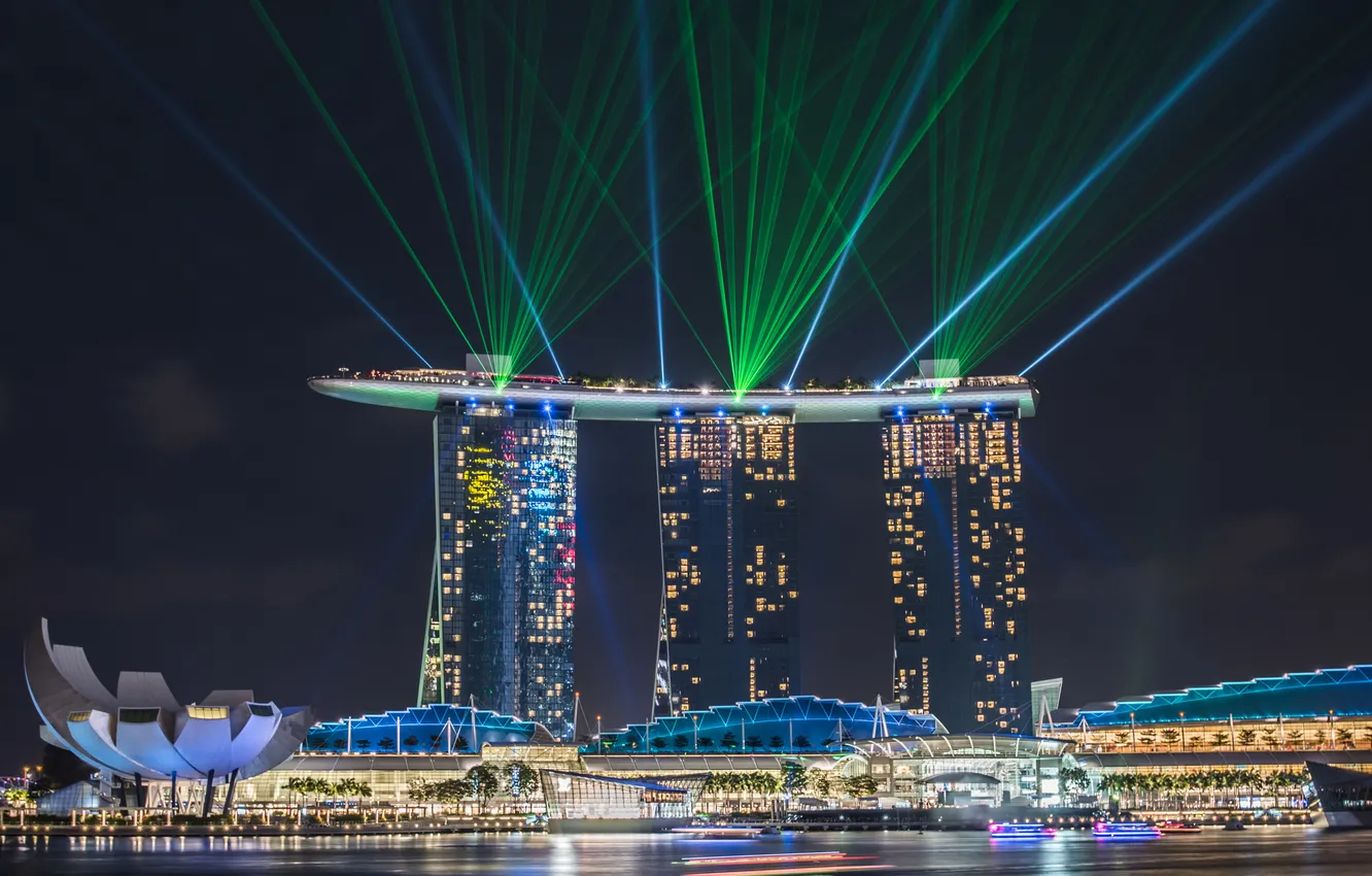 Photo wallpaper light, the city, lights, color, the evening, Singapore, lasers, the hotel