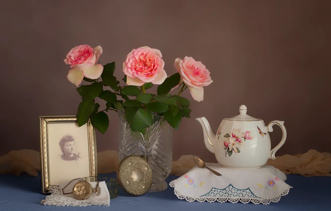Photo wallpaper flowers, retro, watch, portrait, roses, kettle, still life