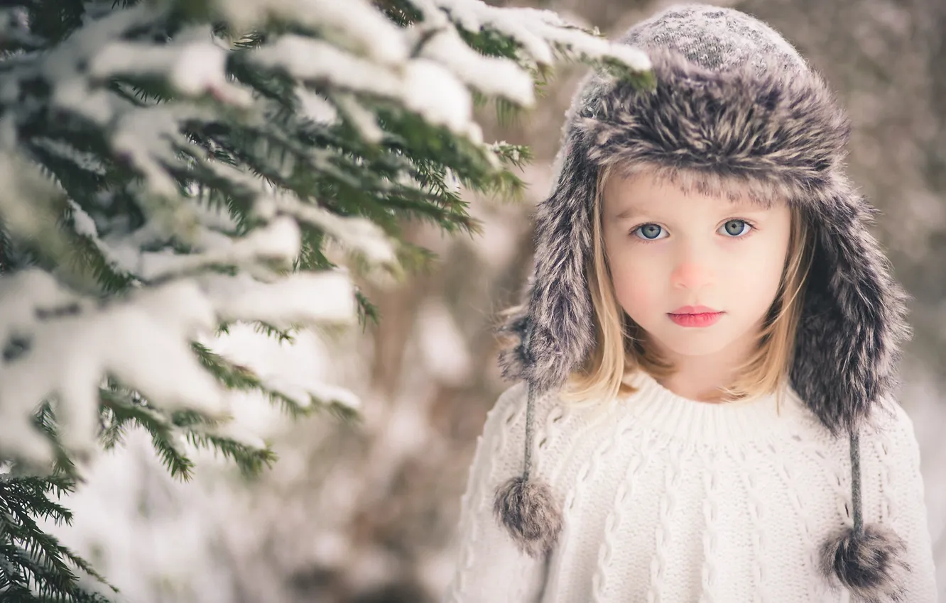 Photo wallpaper look, snow, branches, hat, blonde, girl, tree, child