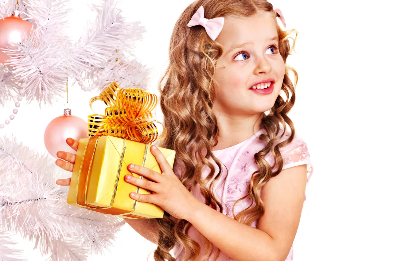 Photo wallpaper children, smile, gift, tree, child, New Year, Christmas, girl