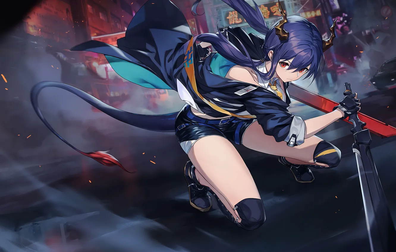 Photo wallpaper look, girl, the game, sword, art, artist, tail, horns