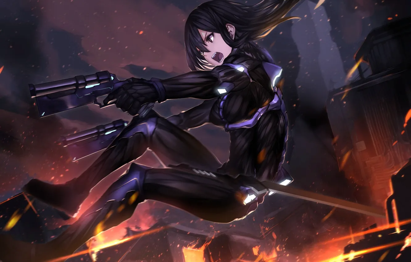 Photo wallpaper girl, gun, weapons, armor