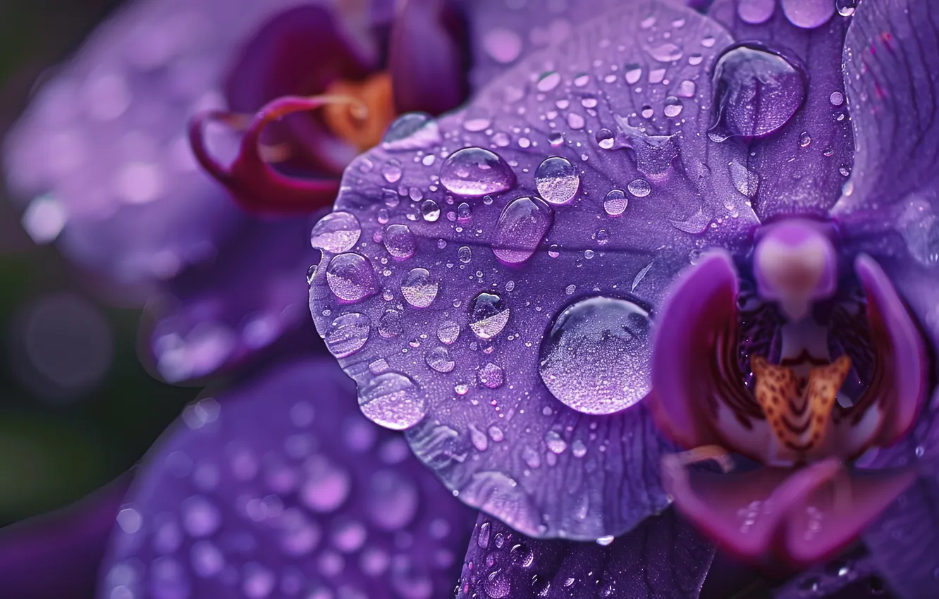 Photo wallpaper drops, macro, flowers, Orchid, lilac, AI art, neural network