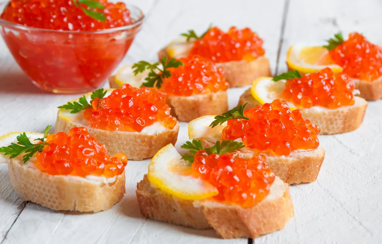 Photo wallpaper lemon, bread, caviar, seafood, sandwiches