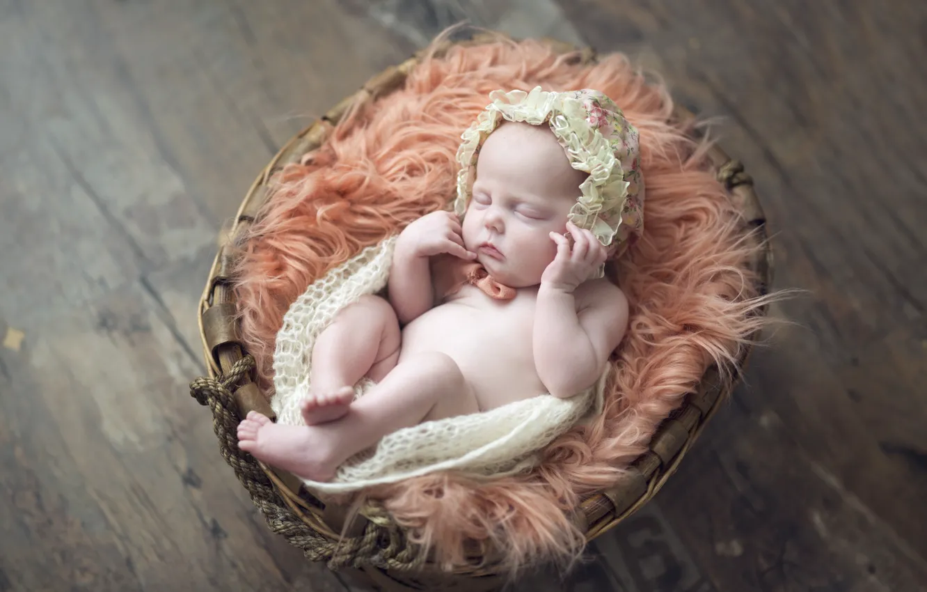 Photo wallpaper children, basket, sleep, girl, cap, baby, baby