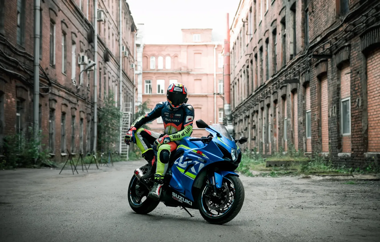 Photo wallpaper Suzuki, Blue, GSX R1000, Motorcyclist