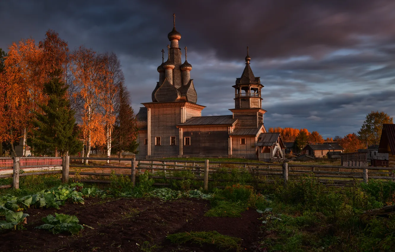 Photo wallpaper landscape, Church, the garden