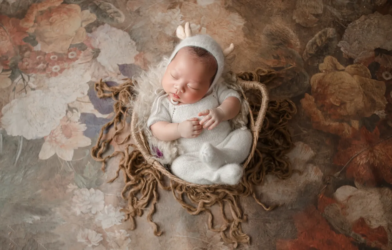 Photo wallpaper flowers, pose, background, child, sleep, pile, baby, costume