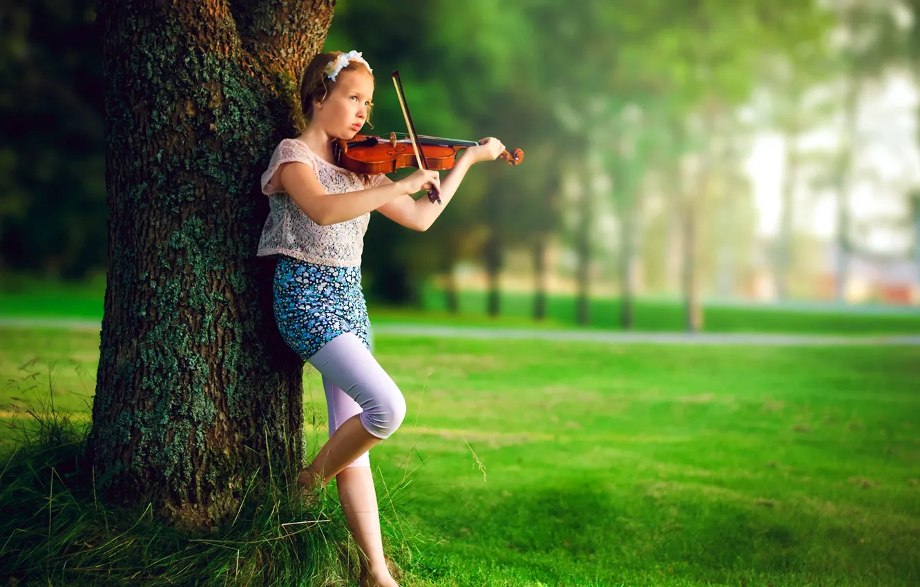 Photo wallpaper tree, violin, girl