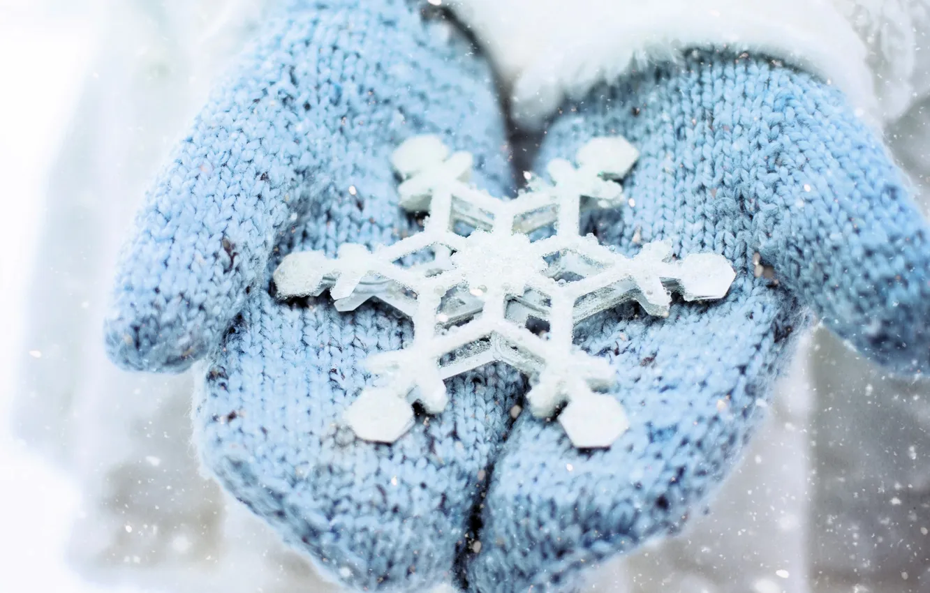 Photo wallpaper winter, snow, hands, snowflake, mittens