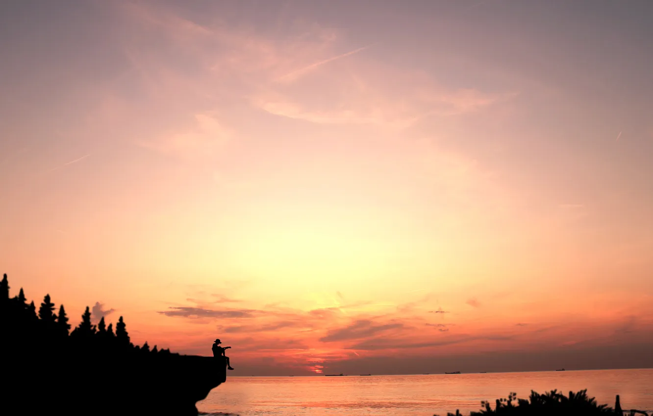 Photo wallpaper sunset, clouds, silhouette