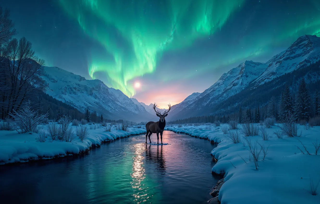 Photo wallpaper winter, forest, snow, trees, nature, river, Northern lights, deer