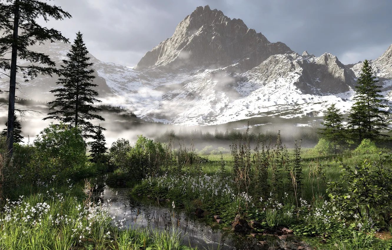 Photo wallpaper mountains, stream, vegetation, valley, Alpine landscape