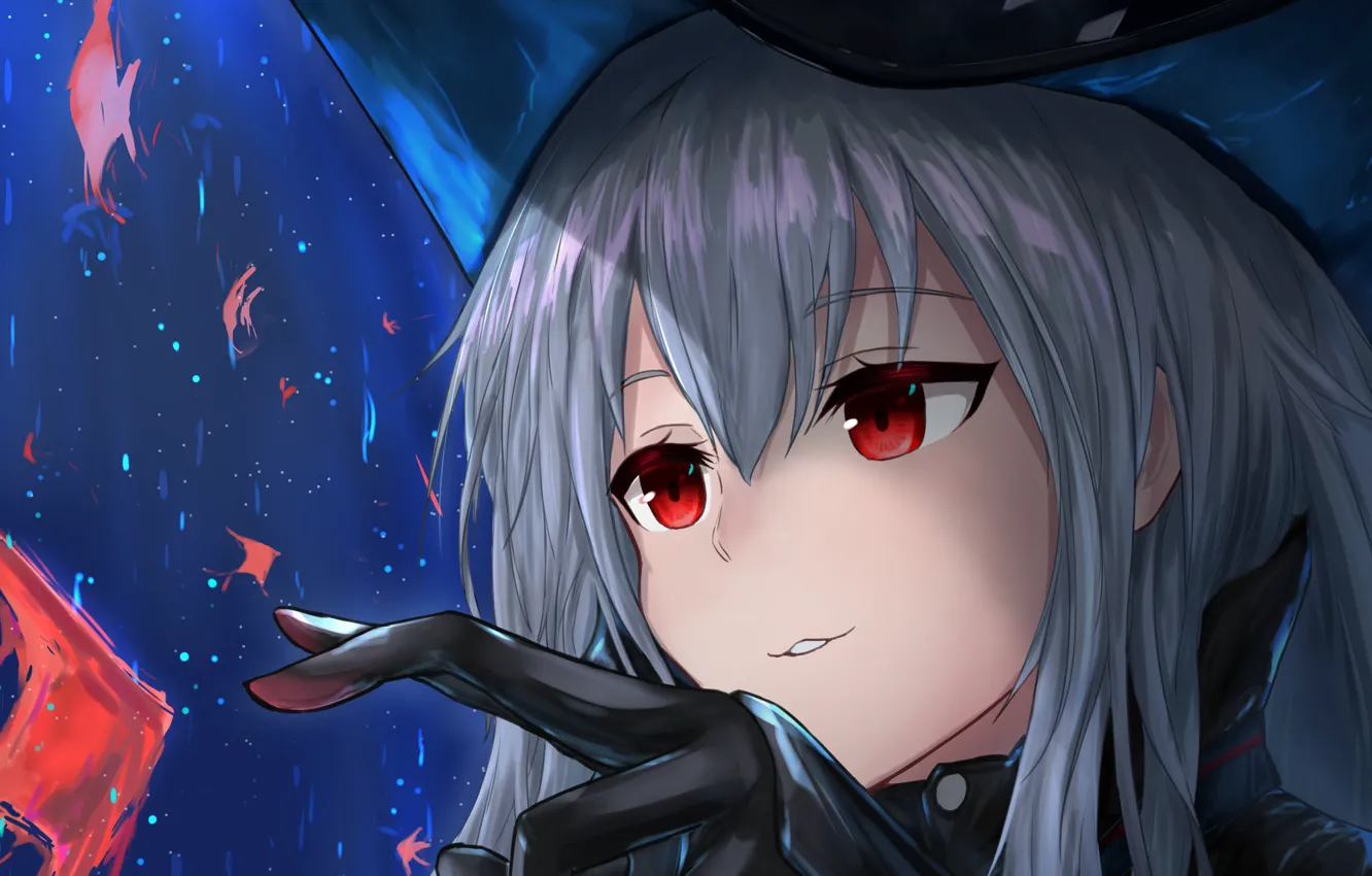 Photo wallpaper girl, fish, face, aquarium, red eyes, grey hair, Arknights, Skadi
