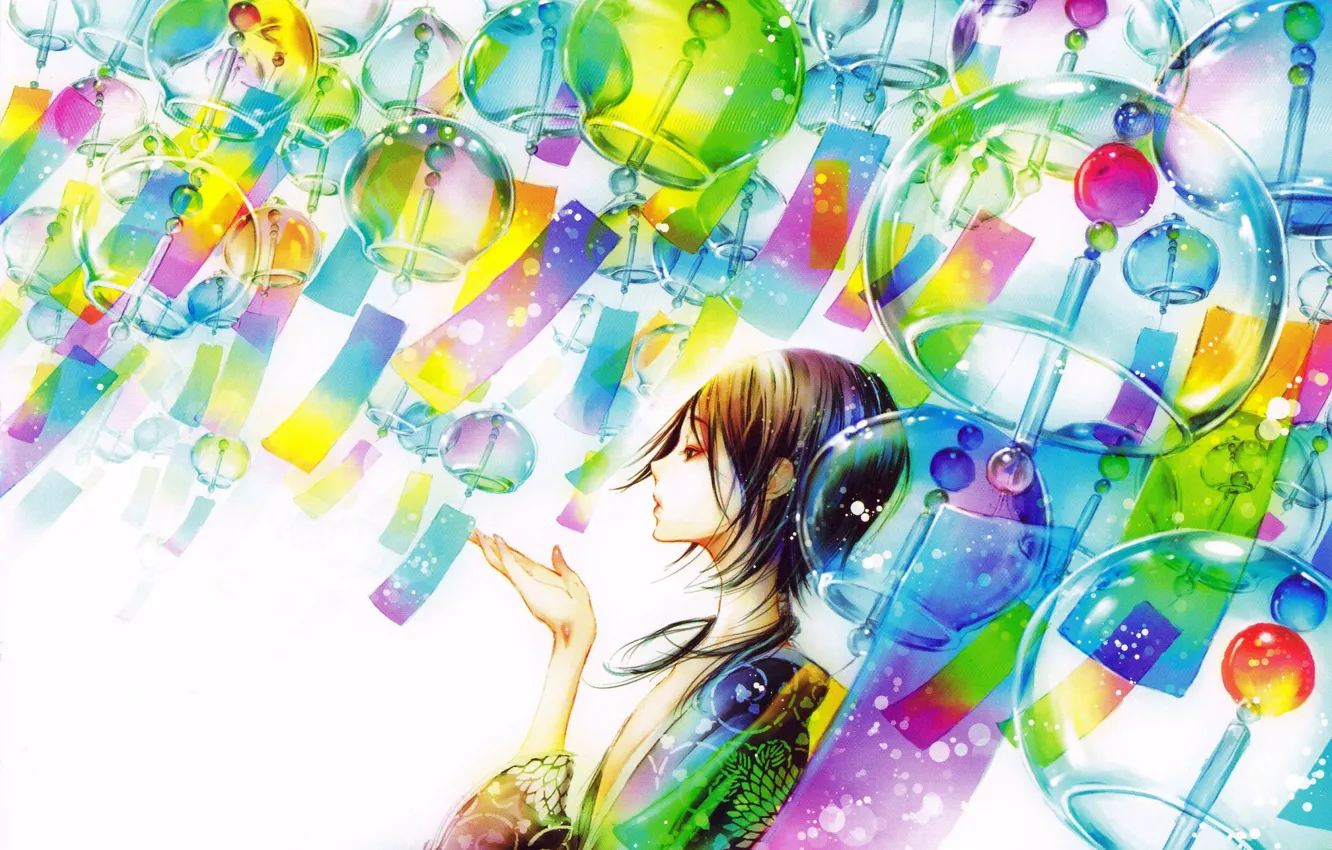 Photo wallpaper yukata, colorful, a lot, in profile, Adekan, bells wind, by Green Glass, Shiro Yoshiwara