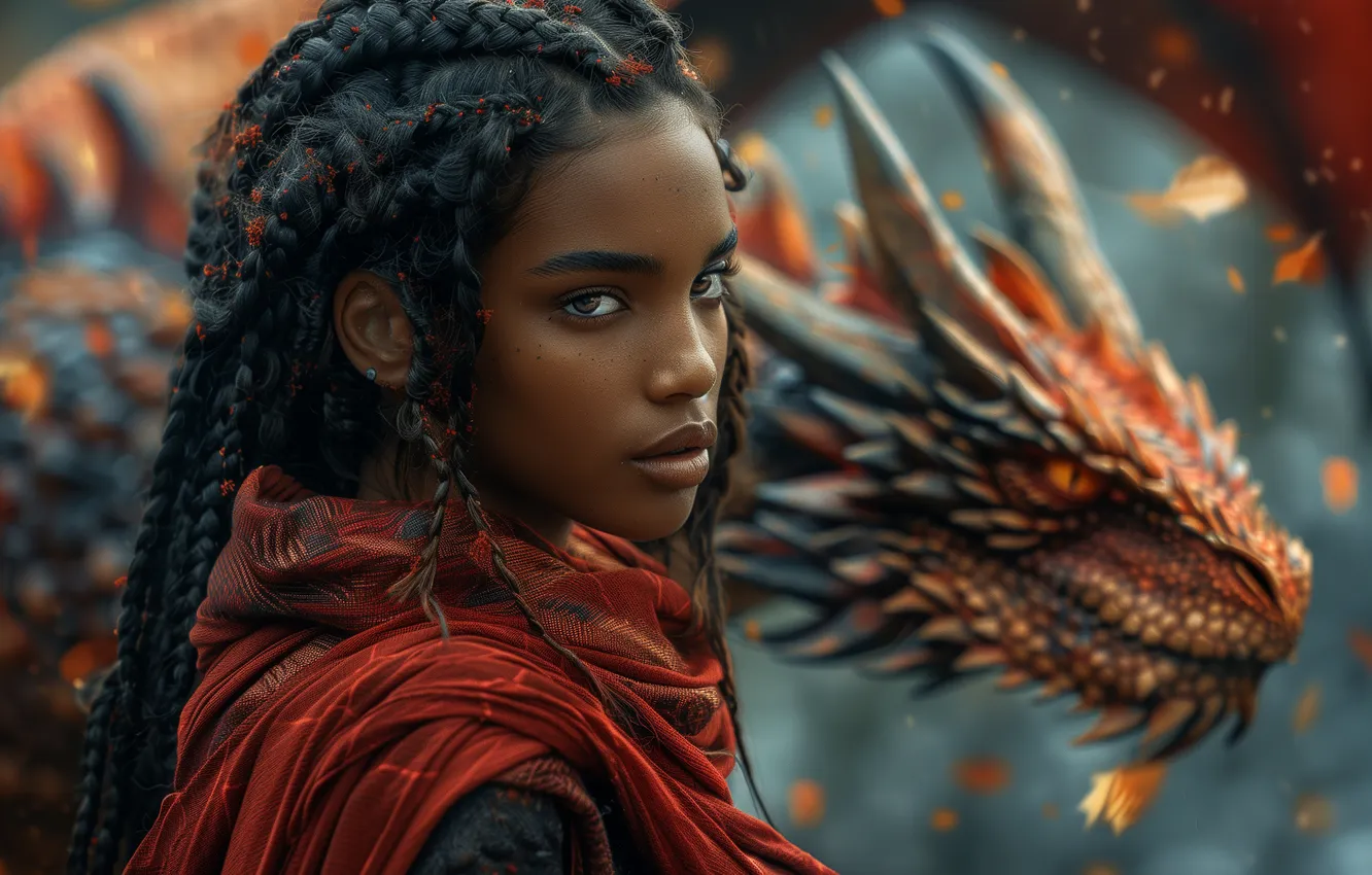 Photo wallpaper look, girl, dragon, fantasy, braids, African, black, black woman