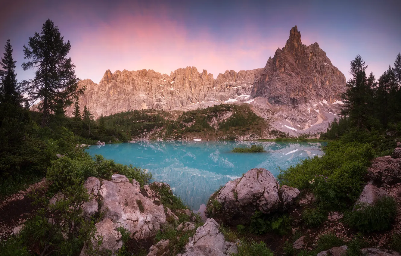 Photo wallpaper the sky, trees, mountains, lake, stones, rocks, shore, ate