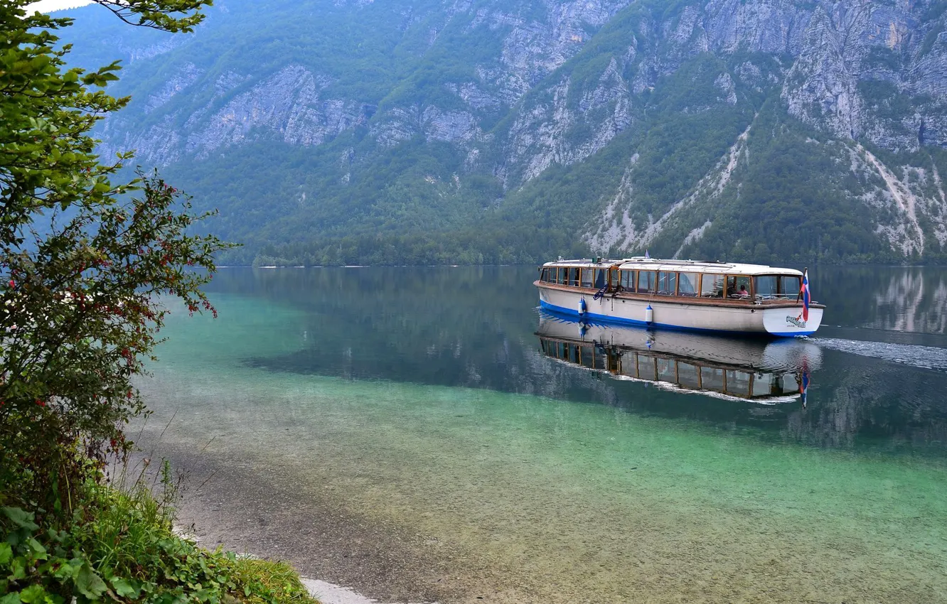Photo wallpaper trees, mountains, lake, ship