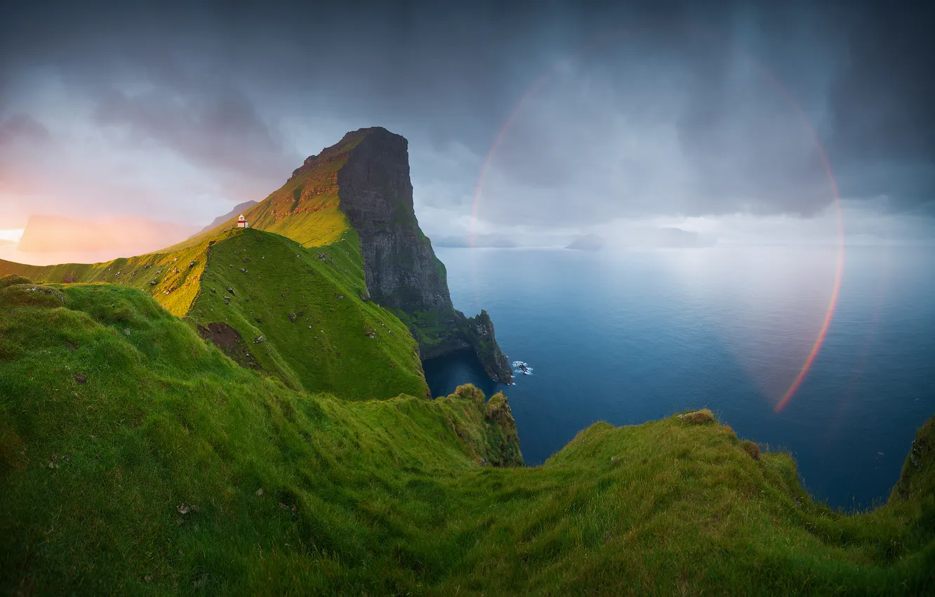 Photo wallpaper sea, greens, grass, clouds, light, mountains, fog, glare