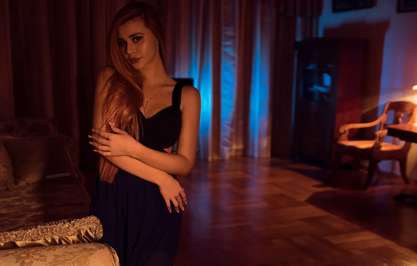 Photo wallpaper look, pose, table, room, sofa, model, lamp, interior